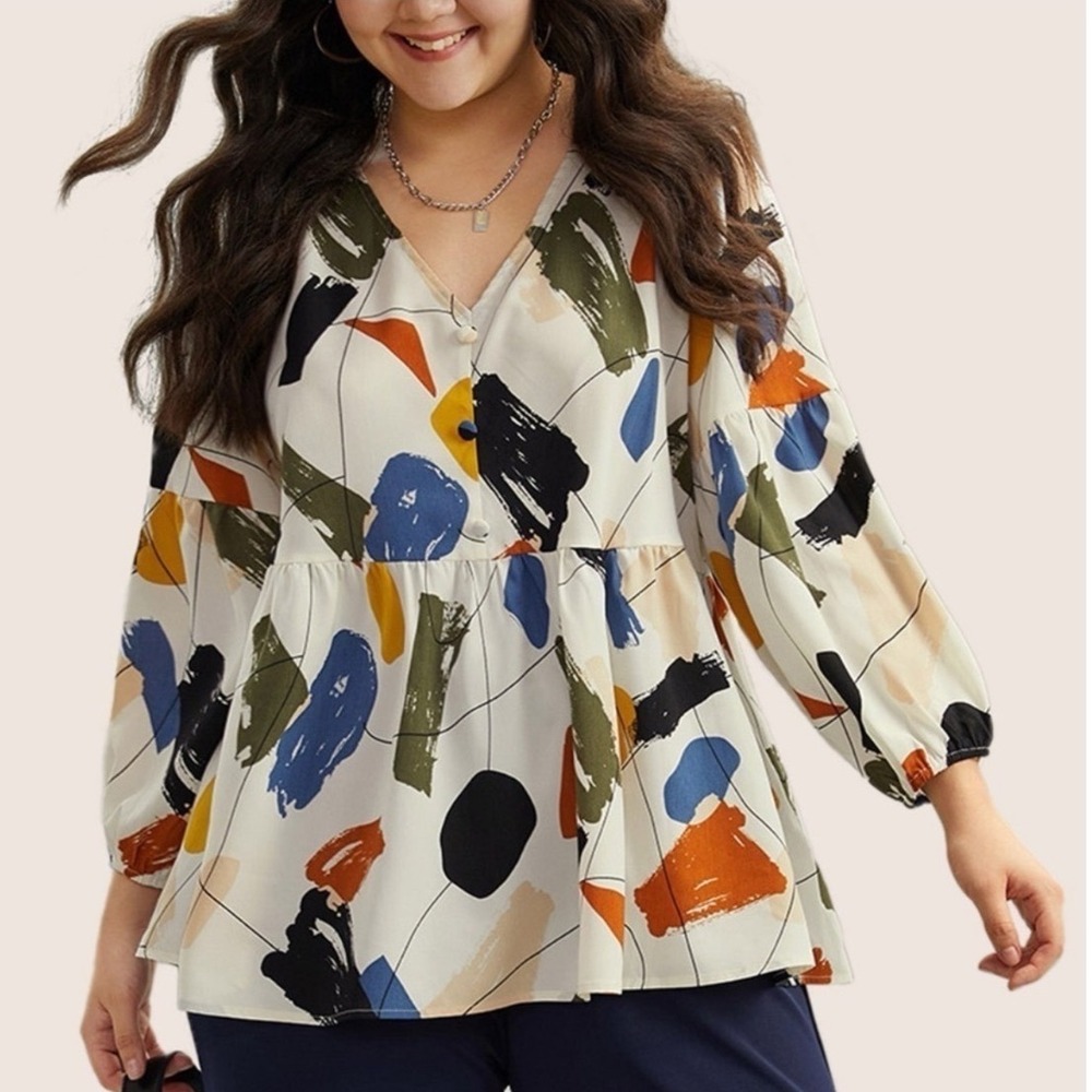 Bloomchic Abstract Brushstroke Peplum Top V-Neck Balloon Sleeve White Plus 14-16